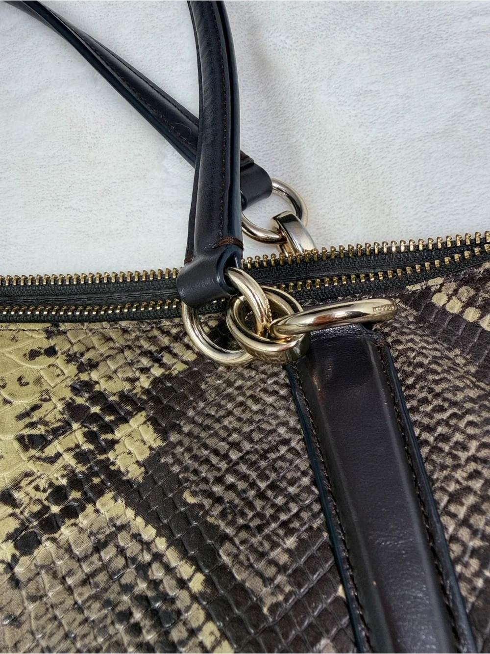 Coach Snake Print Satchel Handbag Brown Tan Leather Trim Gold Hardware